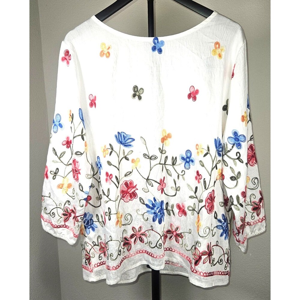 Ana & Rose XL Embroidered Floral Boho Peasant Top White Cottagecore Blouse
